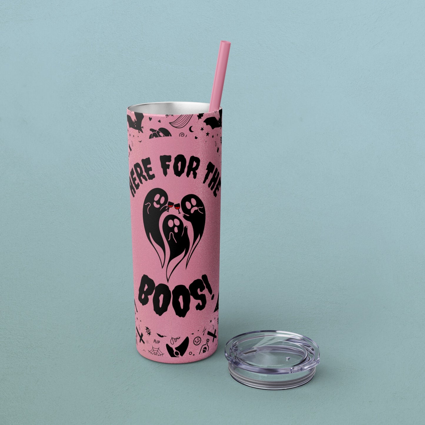 Here for the BOOS! partying ghosts halloween, Skinny Tumbler with Straw, 20oz