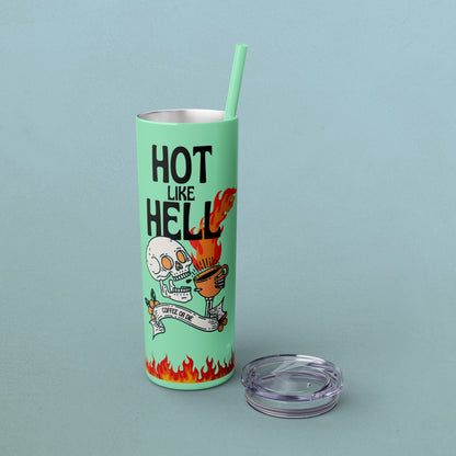 Hot Like Hell Coffee Skull, Skinny Tumbler with Straw, 20oz