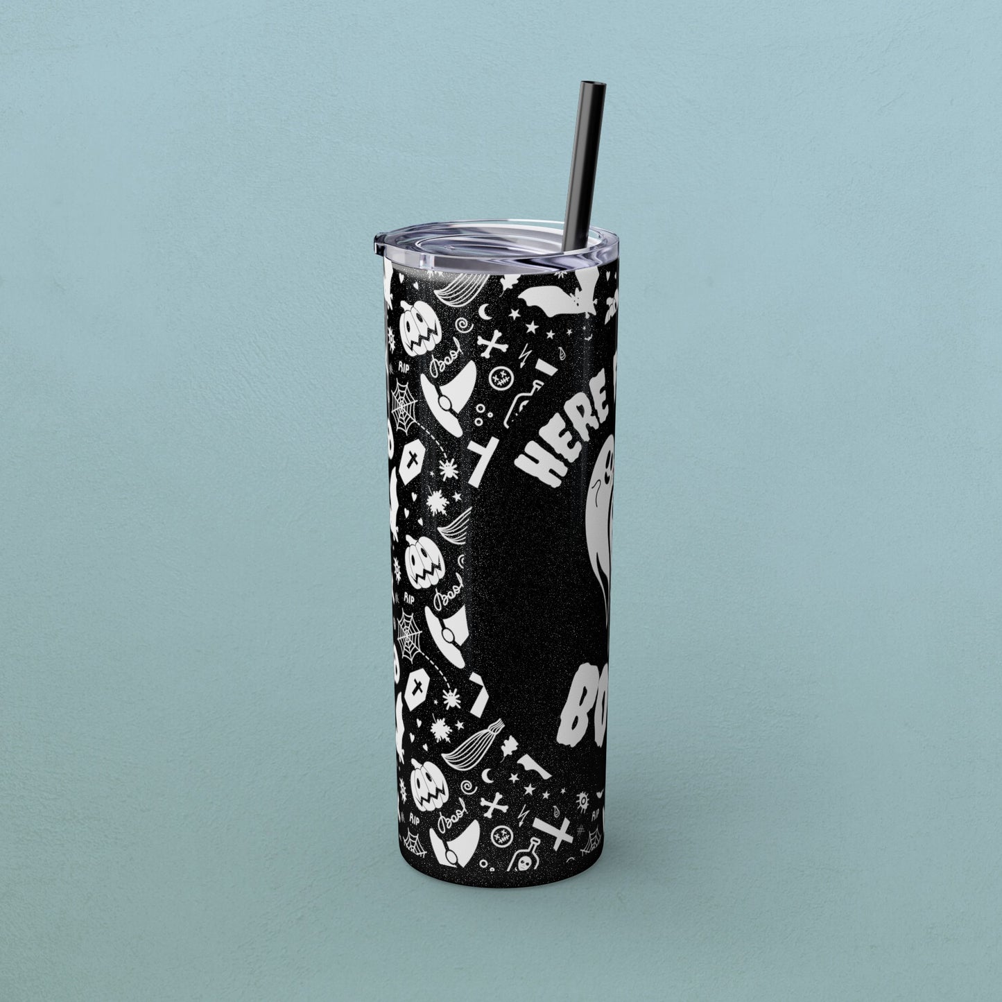 Here for the BOOS! partying ghosts halloween, Skinny Tumbler with Straw, 20oz