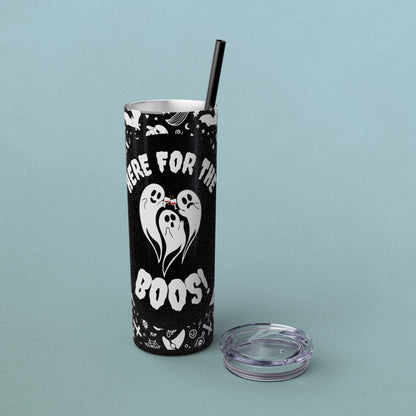 Here for the BOOS! partying ghosts halloween, Skinny Tumbler with Straw, 20oz