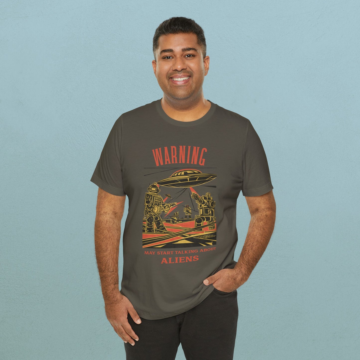 Warning may start talking about aliens (robots and UFO design) - Unisex Jersey T-Shirt