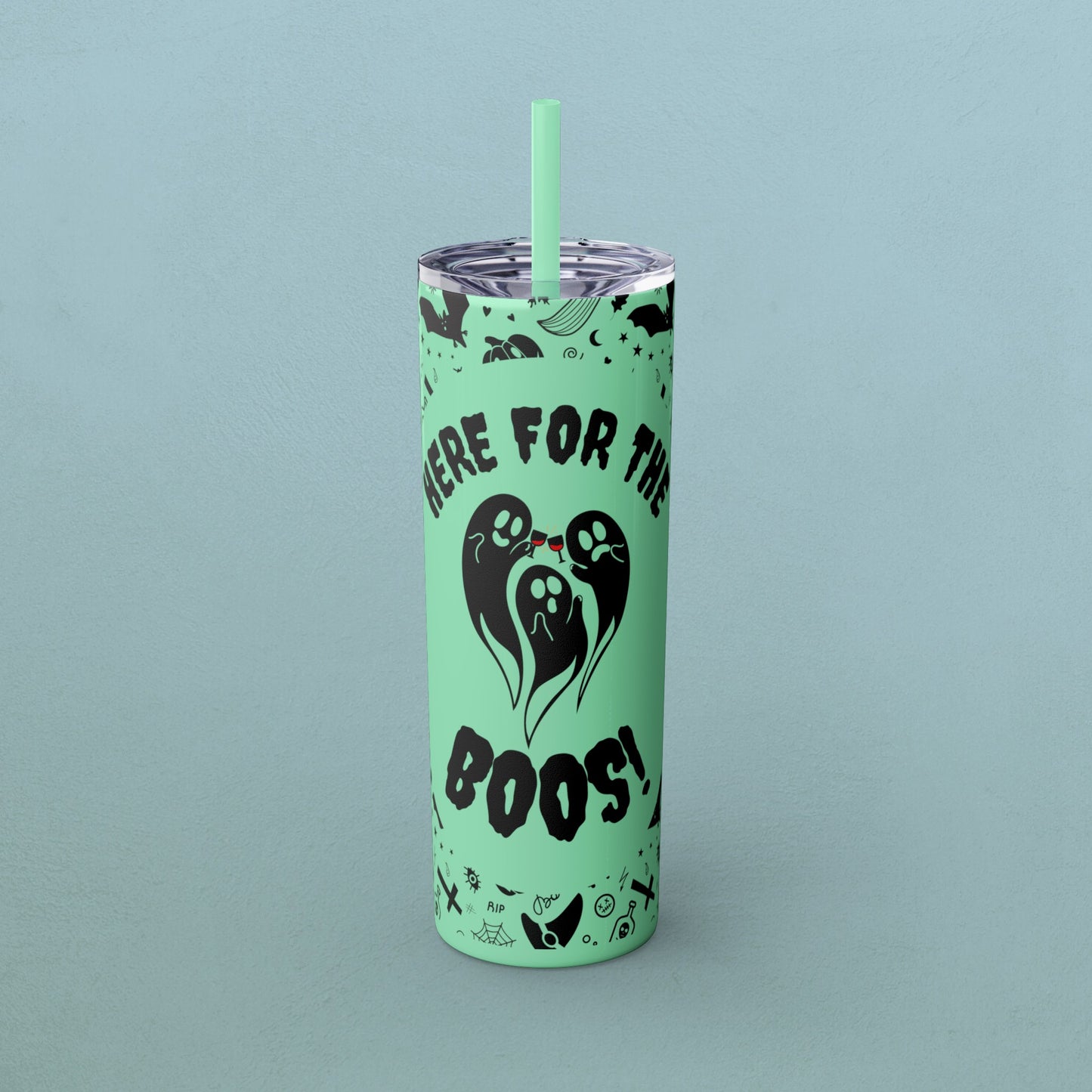 Here for the BOOS! partying ghosts halloween, Skinny Tumbler with Straw, 20oz