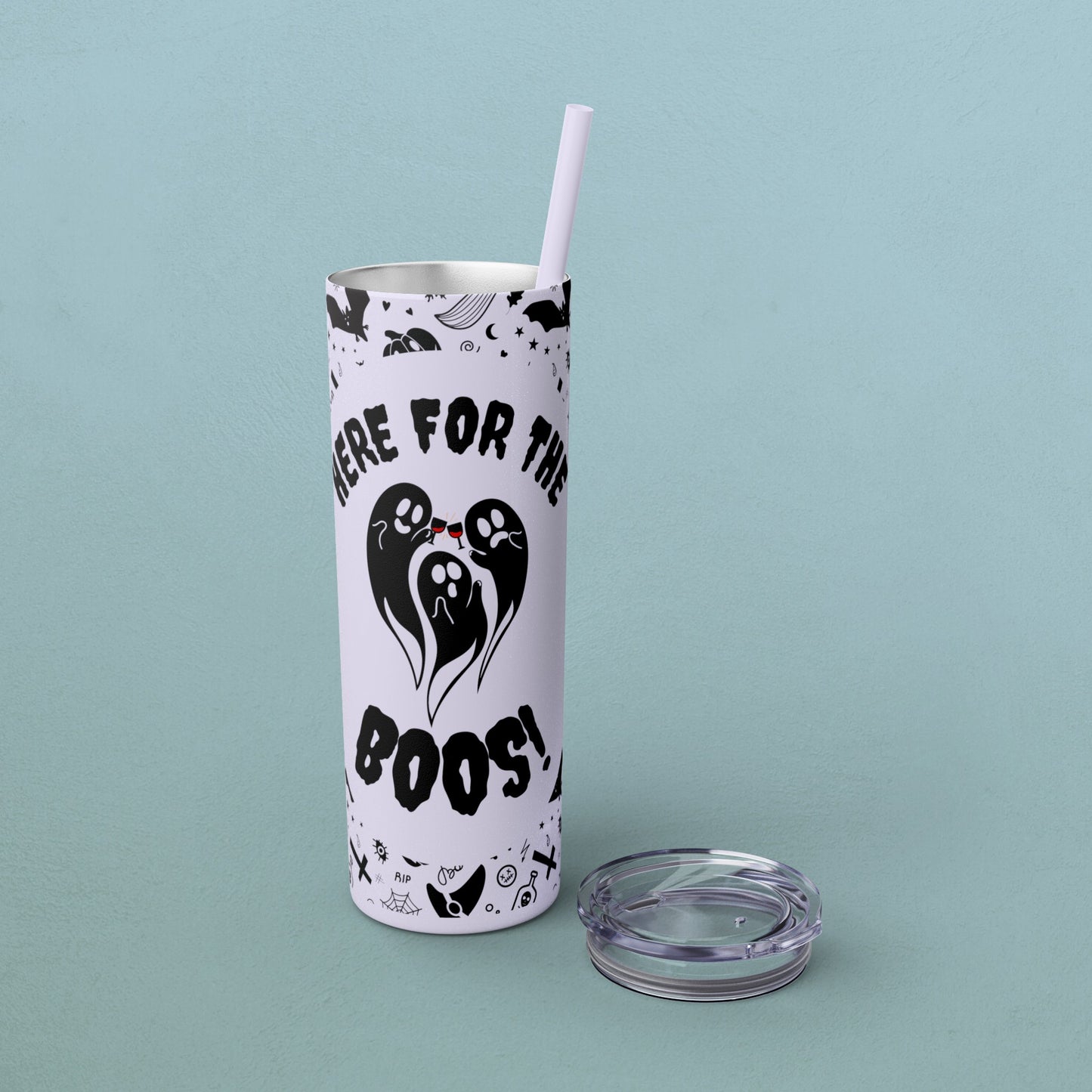 Here for the BOOS! partying ghosts halloween, Skinny Tumbler with Straw, 20oz