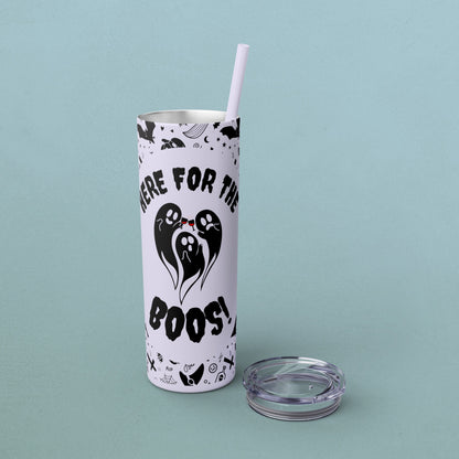 Here for the BOOS! partying ghosts halloween, Skinny Tumbler with Straw, 20oz