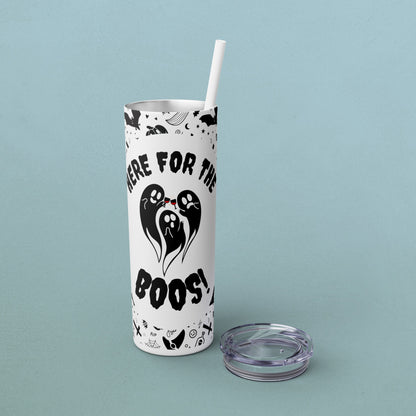 Here for the BOOS! partying ghosts halloween, Skinny Tumbler with Straw, 20oz