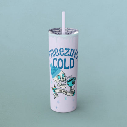 Freezing Cold Like My Soul Skull, Skinny Tumbler with Straw, 20oz