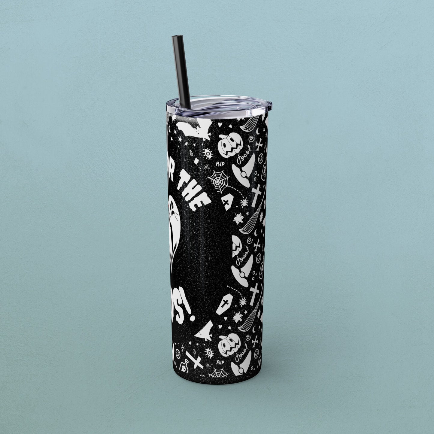 Here for the BOOS! partying ghosts halloween, Skinny Tumbler with Straw, 20oz