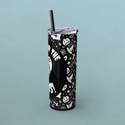 Here for the BOOS! partying ghosts halloween, Skinny Tumbler with Straw, 20oz