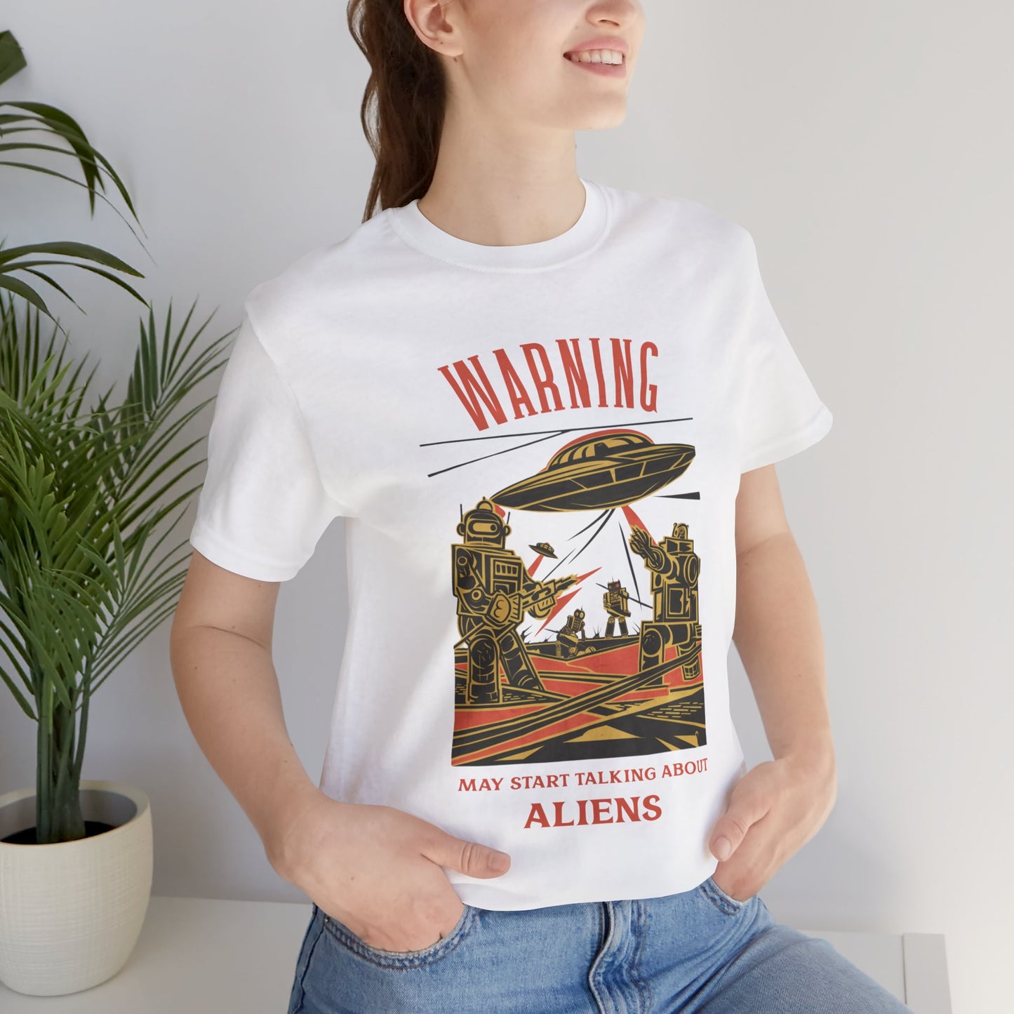 Warning may start talking about aliens (robots and UFO design) - Unisex Jersey T-Shirt