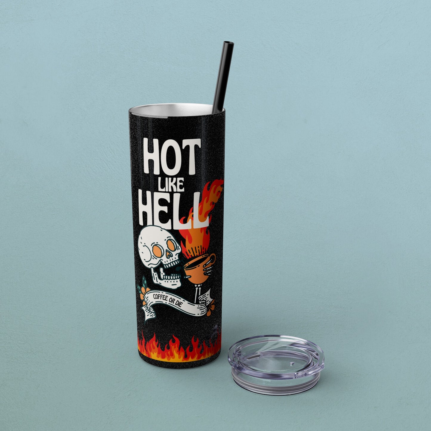 Hot Like Hell Coffee Skull, Skinny Tumbler with Straw, 20oz