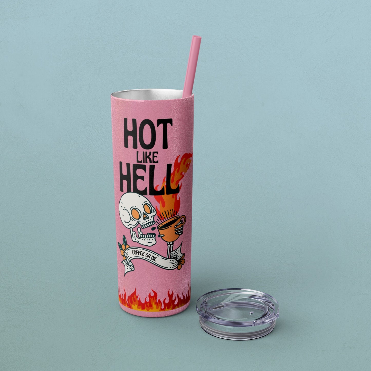 Hot Like Hell Coffee Skull, Skinny Tumbler with Straw, 20oz