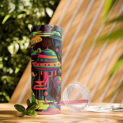 Psychedelic Aliens, Skinny Tumbler with Straw, 20oz