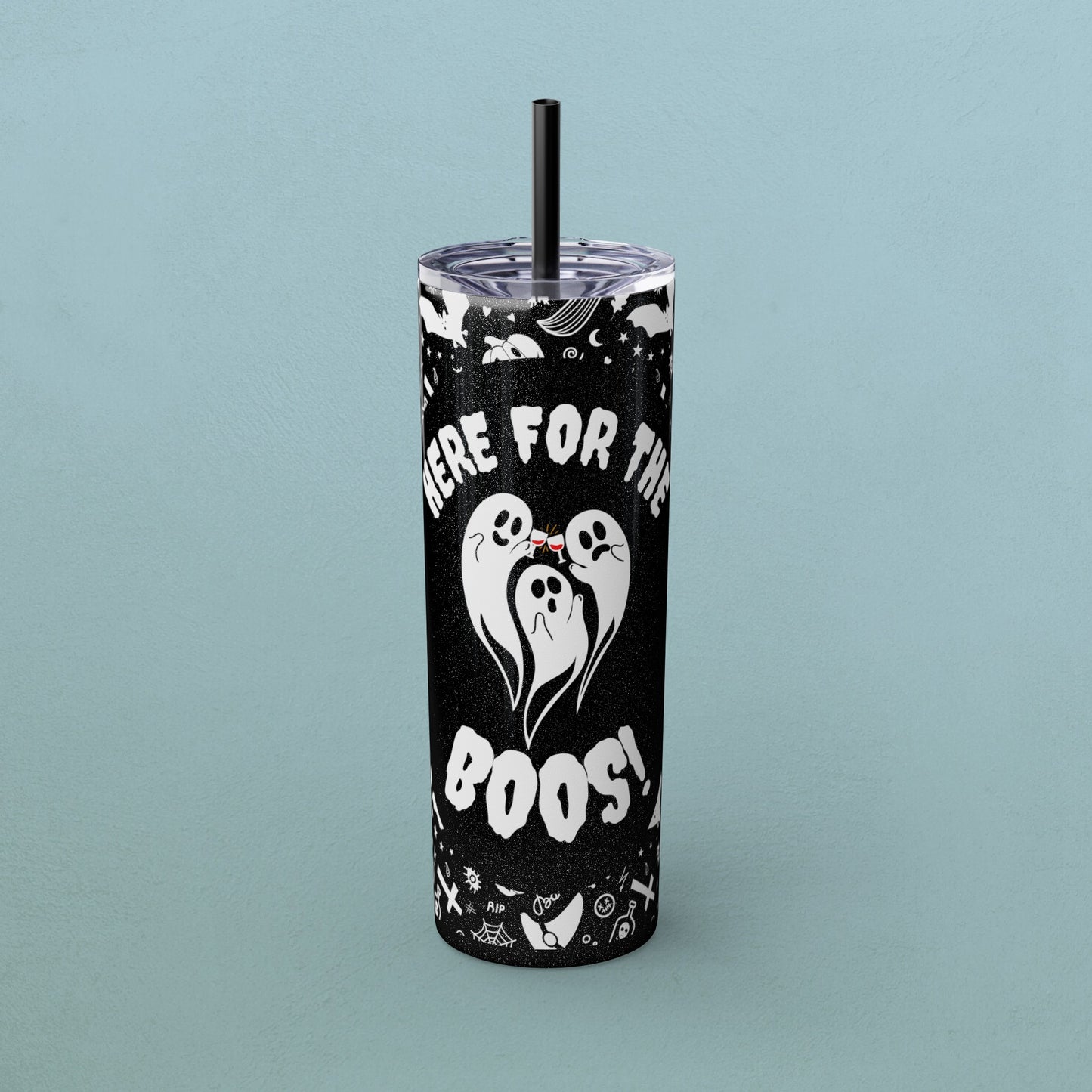 Here for the BOOS! partying ghosts halloween, Skinny Tumbler with Straw, 20oz