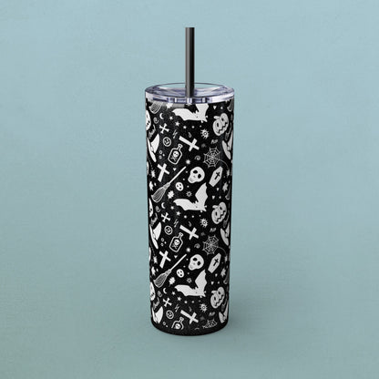 Here for the BOOS! partying ghosts halloween, Skinny Tumbler with Straw, 20oz