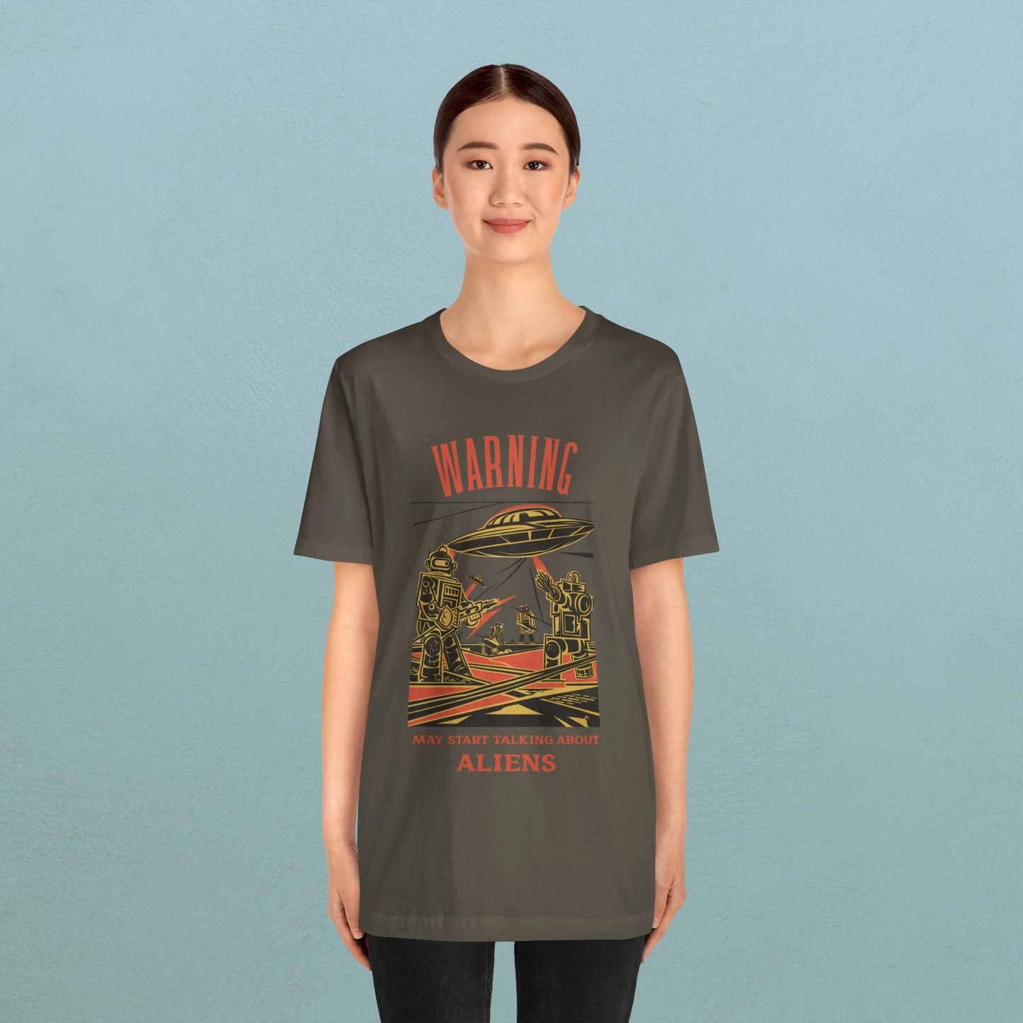 Warning may start talking about aliens (robots and UFO design) - Unisex Jersey T-Shirt