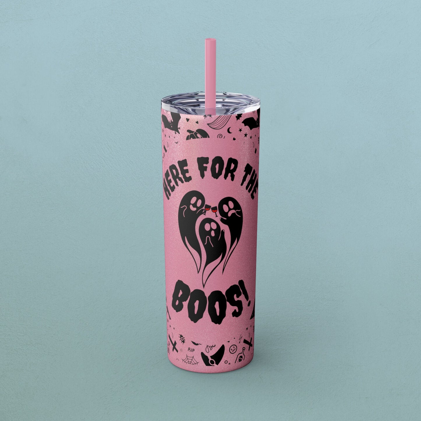 Here for the BOOS! partying ghosts halloween, Skinny Tumbler with Straw, 20oz