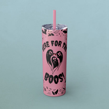 Here for the BOOS! partying ghosts halloween, Skinny Tumbler with Straw, 20oz