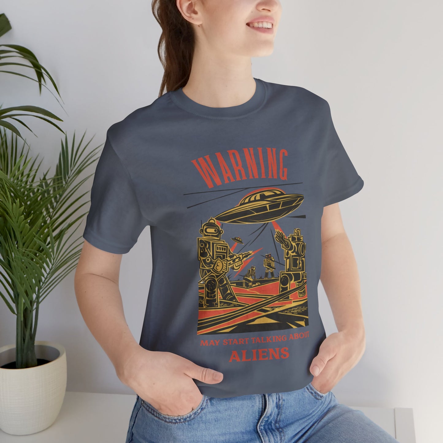 Warning may start talking about aliens (robots and UFO design) - Unisex Jersey T-Shirt