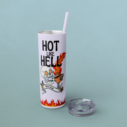 Hot Like Hell Coffee Skull, Skinny Tumbler with Straw, 20oz