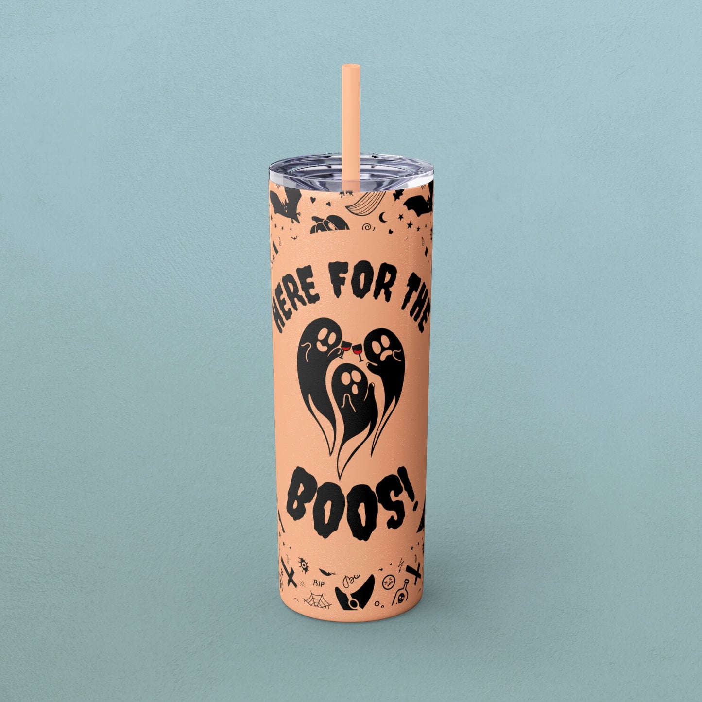 Here for the BOOS! partying ghosts halloween, Skinny Tumbler with Straw, 20oz