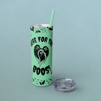 Here for the BOOS! partying ghosts halloween, Skinny Tumbler with Straw, 20oz