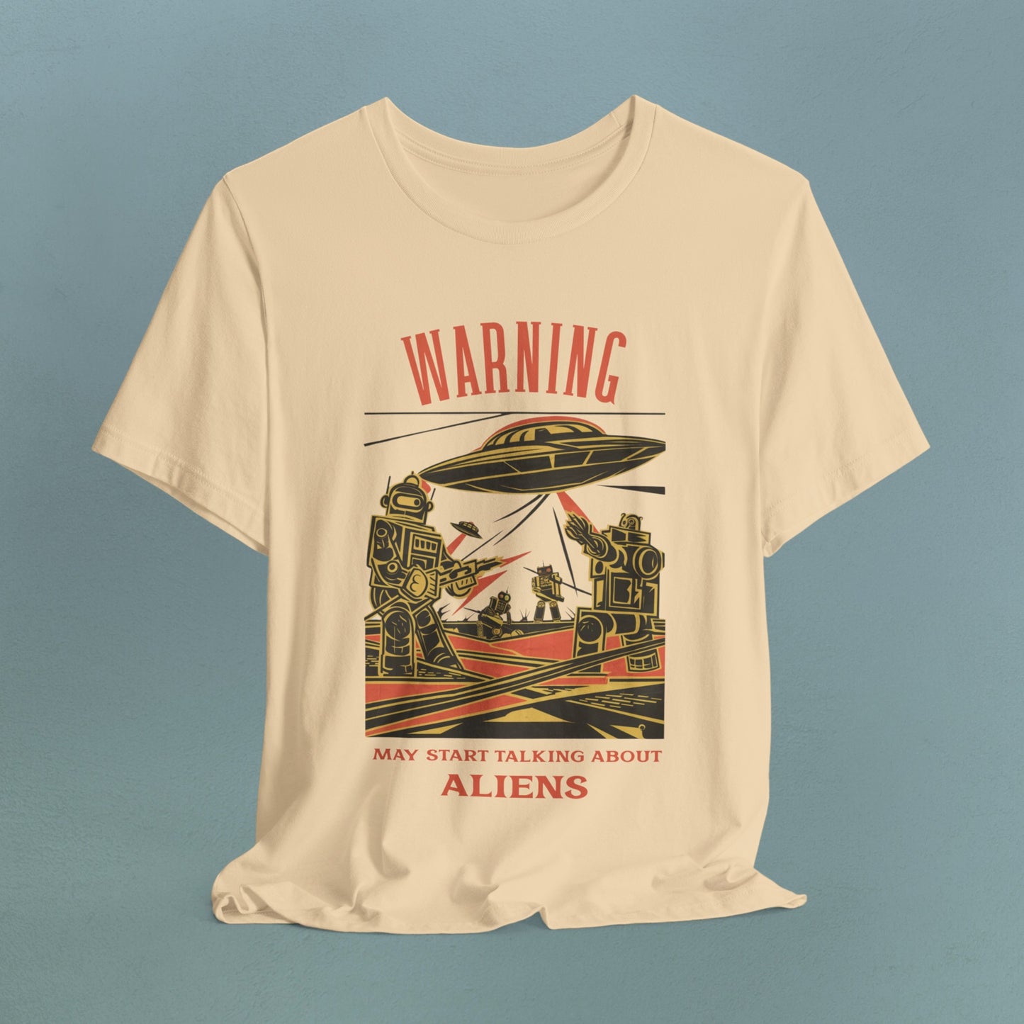 Warning may start talking about aliens (robots and UFO design) - Unisex Jersey T-Shirt