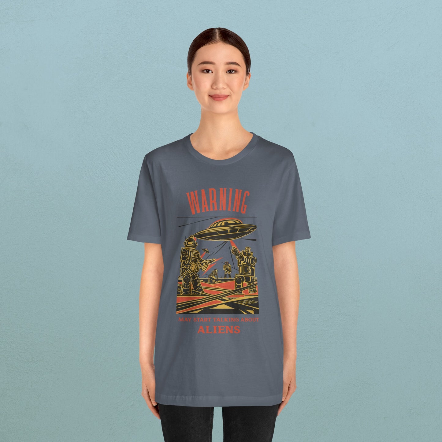 Warning may start talking about aliens (robots and UFO design) - Unisex Jersey T-Shirt