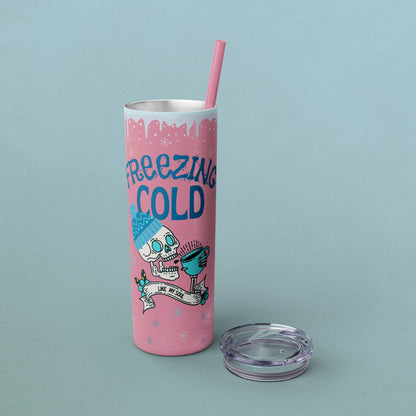 Freezing Cold Like My Soul Skull, Skinny Tumbler with Straw, 20oz